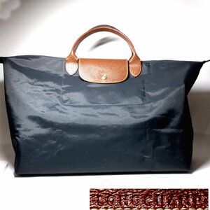 【侍】LONGCHAMP ロンシャン プリアージュ ナイロン×レザー ネイビー系 折りたたみ トートバッグ 20+711