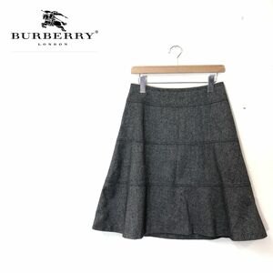 M834-U-S◆良品◆BURBERRY バーバリー フレアスカート 膝丈 無地 シンプル 裏地付き シック 上品 エレガント◆size40 グレー 羊毛