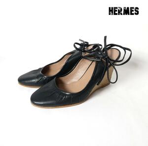 美品 HERMES エルメス 36 約23㎝ 黒 レザー ウェッジソール パンプス アンクルストラップ ラウンドトゥ ブラック