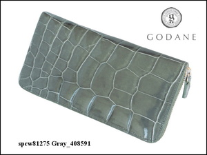 SALE★ゴダン GODANE特注 シャイニングクロコダイル革 内側イタリア製ヌメ革 ラウンドジッパー 長財布 Gray/591 