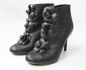 CHANEL ◆ カメリア レザー ヒール ブーツ 38 (約25cm) 黒 ショート ブーティー 靴 シャネル ◆G1016
