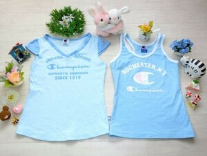 姉妹にも★Champion チャンピオン★130㎝＆140㎝＊水色　ノースリープ・タンクトップＴシャツ２枚セット♪ラメ☆ロゴ刺繍★スポーツウエア