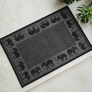 [送料込み]　アジアン 象柄 玄関マット 室内 屋内 50×80 ブラック ウィルトン織り ラグ マット カーペット かわいい おしゃれ 玄関 