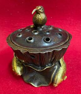 ☆☆銅器香炉　ハスに鳥と鯉の香炉　乾隆年製　中国美術　香道
