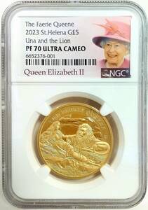 2023年 セントヘレナ フェアリークイーン ウナとライオン 5ポンド 1オンス プルーフ金貨 NGC PF70 ULTRA CAMEO 女王ラベル イギリス