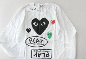 未使用* PLAY COMME des GARCONS ◆ マルチハート プリント ワッペン ロゴ 長袖 Tシャツ 白 M ロンT プレイ コムデギャルソン◆111/HA12