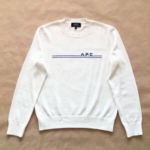 良品 A.P.C. ロゴ 入り コットン ニット オフホワイト ネイビー S カシミア クルーネック セーター APC アーペーセー @a991