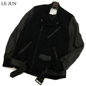 LE JUN ル ジュン JUNEMEN ジュンメン 秋冬 袖革★ ラム レザー ウール ライダース ジャケット スタジャン Sz.L　メンズ 黒　C3T10371_B#N