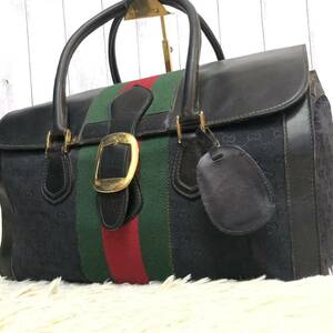 入手困難/良品●グッチ GUCCI ボストンバッグ ハンドバッグ メンズ ビジネス 大容量 GGキャンバス レザー シェリーライン 金具 黒 ブラック