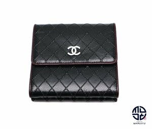 CHANEL シャネル 黒 ブラック シルバー金具 Wホック 3つ折り財布 コンパクトサイフ