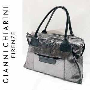 GIANNI CHIARINI ジャンニキャリーニ イタリア製 レザー 本革 ハンドバッグ ボストンバッグ トートバッグ メタリックシルバーブラック