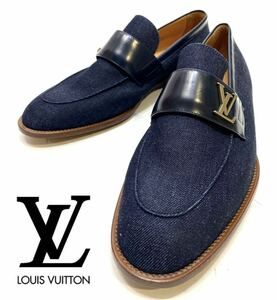 展示品未使用 LOUIS VUITTON MENS LVロゴ デニムローファー ルイヴィトン スリッポンシューズ モカシンshoesモノグラムデニム 6 1/2