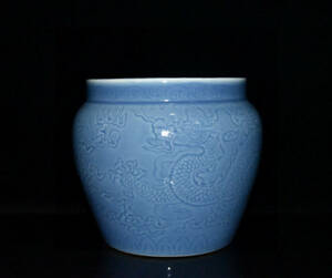▽鴻▽ 明 永樂年製款 天藍釉 龍紋罐 古陶瓷品 置物 古賞物 中国古玩 中国古美術