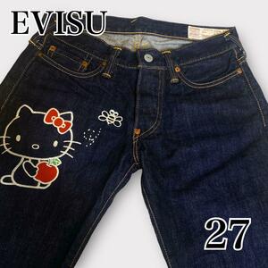 【激レア】EVISU エヴィス エビス ハローキティ キティーちゃん デニム ジーパン サンリオ 濃紺 カモメ リボン 赤耳 ペイント 刺繍 27 M