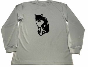 グレー　ブチネコ 切り絵 ドライ Tシャツ ネコ 猫 グッズ　ロングＴシャツ　ロンＴ　ロング　長袖