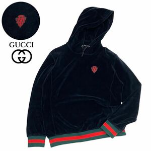 正規品 GUCCI グッチ Emblem Velvet Hoodie ベロア ベルベット フーディー プルパーカー エンブレム ロゴ シェリーライン ブラック