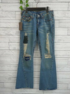 新古品 通年◆TRUE RELIGION フレア デニム パンツ レディース 27インチ ブルー ダメージ ウォッシュ加工 綿100トゥルーレリジョン〇4-180y