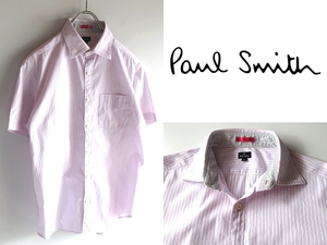 ネコポス対応 PS Paul Smith ポールスミス ポルカドット柄襟裏地 半袖 コットン ストライプシャツ L ピンク ホワイト 桃色 白 日本製