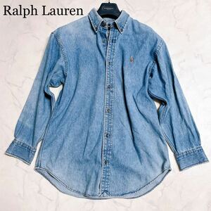 ●ラルフローレン Ralph Lauren90s オールド BIG SHIRTボタンダウン 長袖 デニム シャツ（メンズ XL相当）90年代 長袖シャツ ポニー刺繍