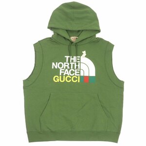 極美品 GUCCI グッチ THE NORTH FACE 663243 ロゴプリント ノースリーブ カットオフ フーディー パーカー カーキ L イタリア製 正規品