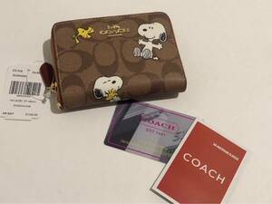 ［1円スタート］COACH コーチ　スヌーピー コラボ ピーナッツ 二つ折り財布　カーキ × レッドウッドマルチ　CE704