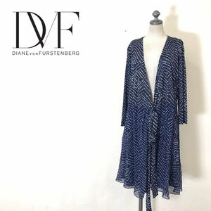 A2145-U◆DIANE VON FURSTENBEG ダイアンフォンファステンバーグ カーディガン 七分袖 シフォン 幾何学 ドット◆size12 ネイビー シルク100