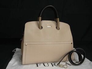 1円 ■美品■ FURLA フルラ ポラリス レザー 2WAY ショルダー ハンドバッグ トートバッグ 肩掛け ベージュ系×ブラウン系 FA5151