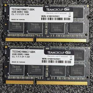 【中古】DDR3 SODIMM 8GB(4GB2枚組) TEAM TED34G1066C7-SBK(シール黒) [DDR3-1066 PC3-8500 1.5V]
