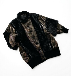 GP6852 リアルファー×ペイズリー柄ベロア*デザインコート*ジャケット*リブ袖/裾*スパンコール装飾*黒×グレー×紫×ゴールド系