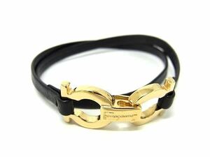 1円 ■極美品■ Salvatore Ferragamo フェラガモ ダブルガンチーニ レザー チョーカー アクセサリー ブラック系 AZ1446