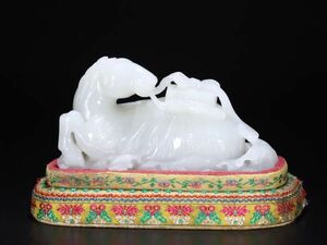 【瓏】和田玉 白玉彫 馬到成功擺件 清時代 極細工 手彫り 置物 賞物 中国古美術 蔵出