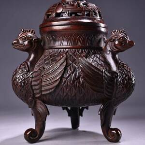 清代 乾隆年制 銅器收藏 純銅高レリーフを収める鳳凰刻燻香炉 中国古美術品 珍品 旧蔵 賞品 置物 時代物