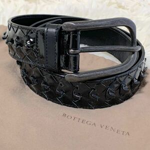 【激レア 極美品】BOTTEGA VENETA ボッテガヴェネタ　　ベルト イントレチャート 光沢 アイアンバックル パテントレザー 黒 ブラック