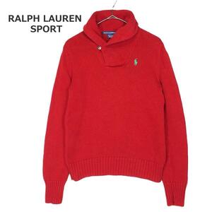 ショールカラーの素敵ニット RALPH LAUREN SPORT ラルフローレンスポーツ コットン100% 長袖セーター レッド赤 Lサイズ レディース古着