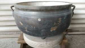 中国 古い 火鉢 煎茶道具 三足 銅製 横43cm高さ25.5cm 風景画 旧家買い取り品 銅火鉢