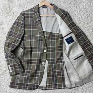 美品◎シルクリネン/ブルックスブラザーズ/テーラードジャケット サマー チェック柄 グリーン L位 Brooks Brothers 絹 麻 背抜き 緑 メンズ