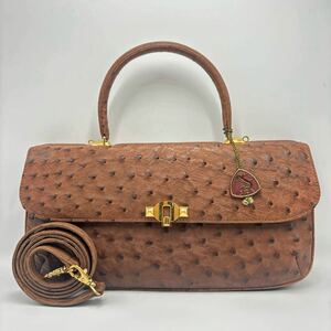 240426-オーストリッチ レザーバッグ ハンドバッグ ゴールド金具 レディース 鞄 婦人バッグ ブラウン系