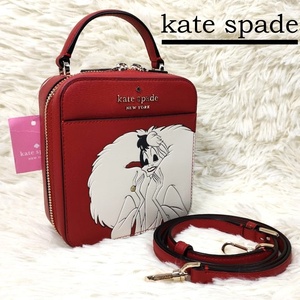 新品未使用 kate spade ケイトスペード K8097 ディズニーコラボ ヴィランズ クルエラ レザー 2WAY ショルダー レッド系 ハンドバッグ