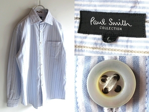 最高級ライン Paul Smith COLLECTION ポールスミス コレクション カッタウェイ ホリゾンタルカラー ストライプ柄 ドレスシャツ L 水色 白