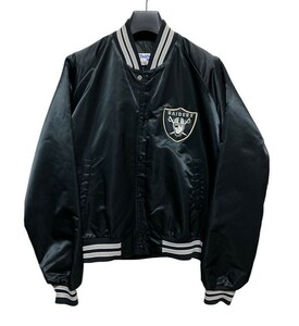 【良好】80s90s～USA製 NFL RAIDERS/レイダース Chalk line 中綿入サテンスタジャン 黒 M ブラック ワッペンロゴ RUNDMC KJ古谷