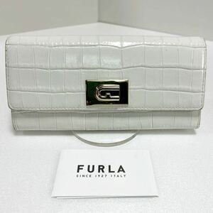 ◆FURLA フルラ◆　長財布　フラップ式　本革　クロコ型押し　小銭入れ有　ホワイト　証明書付き 【USED】0124A