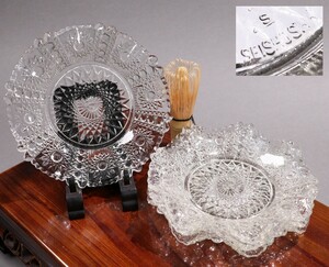 M201 明治大正 製硝社製(SEISHOSHA) お花模様 素敵なフリルプレスガラス ４枚 皿 プレスプレート フラワー レトロ 昭和 ガラス工芸品和硝子