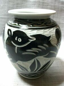 古猫】花瓶（鹿しか刻模様）●高さ260×左右200×上径160mm●陶器 飾り壺 バンビ