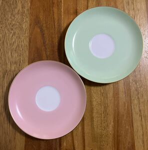 大倉陶園　色蒔き　ライトグリーン+ピンク　モーニングカップ用　15cmソーサー　送料無料