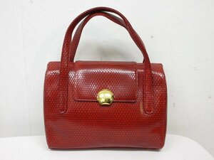 y7371 美品 UNGARO　ハンドバッグ　レッド　牛革　型押し　蛇革調デザイン　ウンガロ