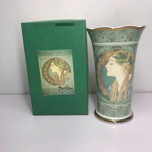 サ) 【美品】 MUCHA ミュシャ フラワーベース 花瓶 花器 陶器 金彩 管理O 