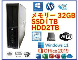 ★送料無料★スリムPC★超高速 i7(3.9GHz)/SSD1TB+大容量HDD2TB/メモリ32GB/Wi-Fi/Win11/Office2019/USB3.0/HP 6300 Elite SFF