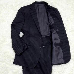 美品 L ヒルトン カシミヤ ウール スーツ 上下 黒 ストライプ Hilton カシミア 羊毛 セットアップ ブラック A7 フォーマル ビジネス 紳士