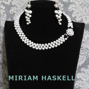 ◆ミリアムハスケル：ミルクガラスの編みネックレス＋イヤリング：ヴィンテージコスチュームジュエリー：Miriam Haskell
