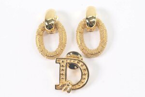 【2点】Christian Dior クリスチャンディオール アクセサリー Dロゴ 蜂 ピンバッジ サークル イヤリング ゴールドカラー 5068-N